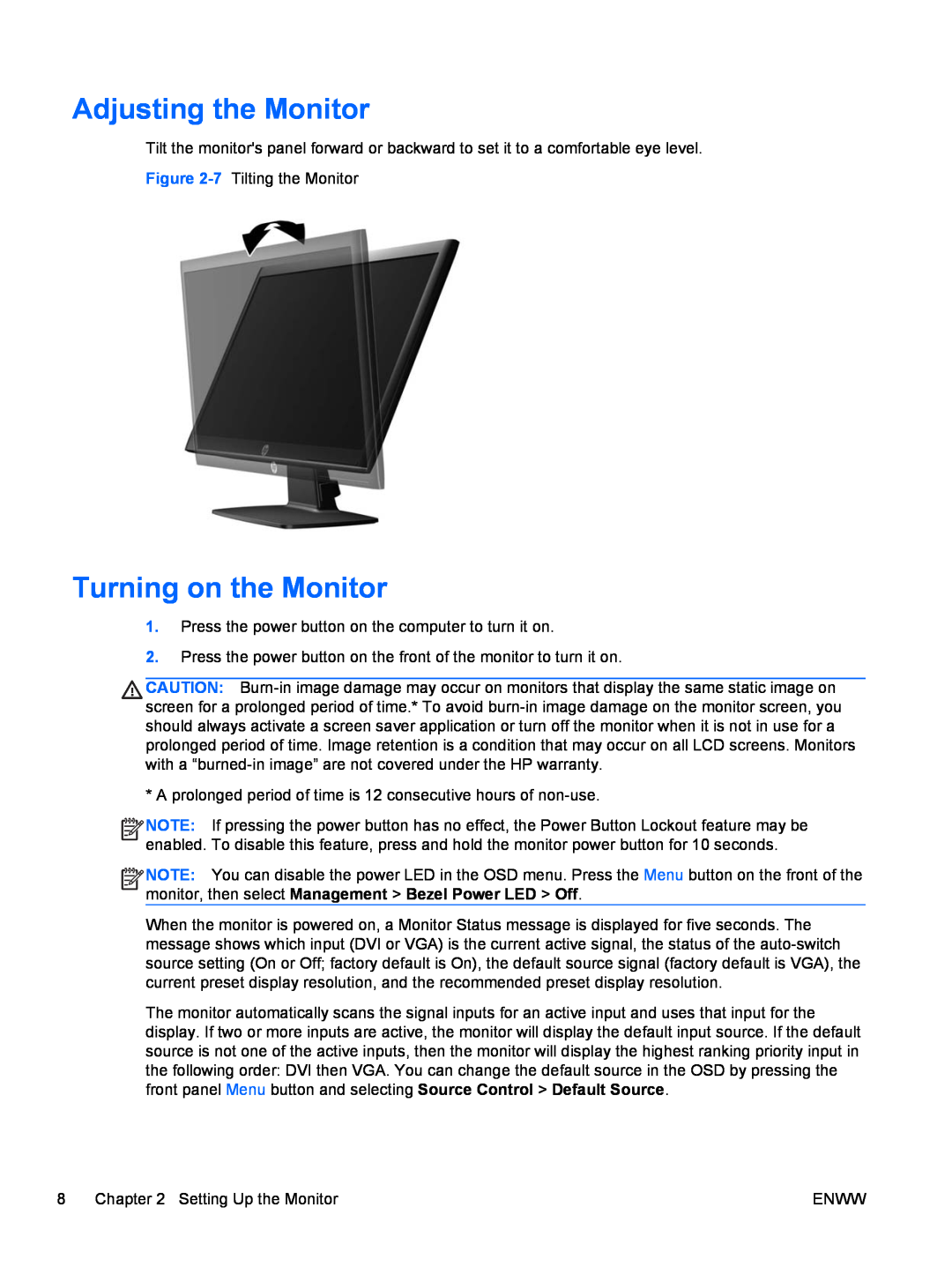 HP LE1902X, LE2002XM manual Adjusting the Monitor, Turning on the Monitor 