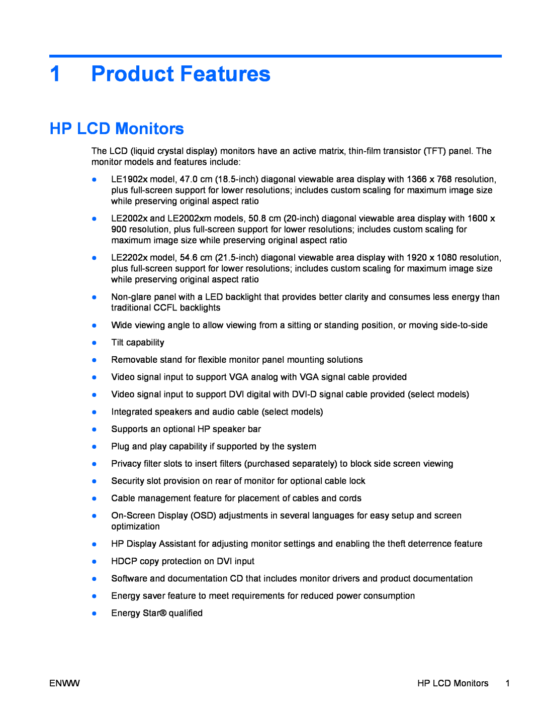 HP LE2002XM, LE1902X manual Product Features, HP LCD Monitors 