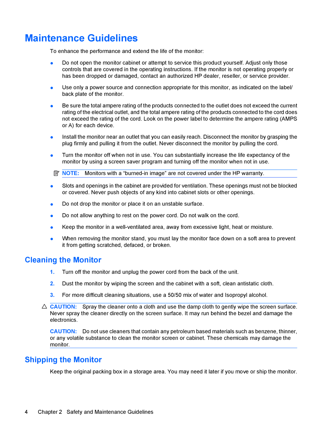 HP LE1911 19-inch manual Maintenance Guidelines, Cleaning the Monitor, Shipping the Monitor 