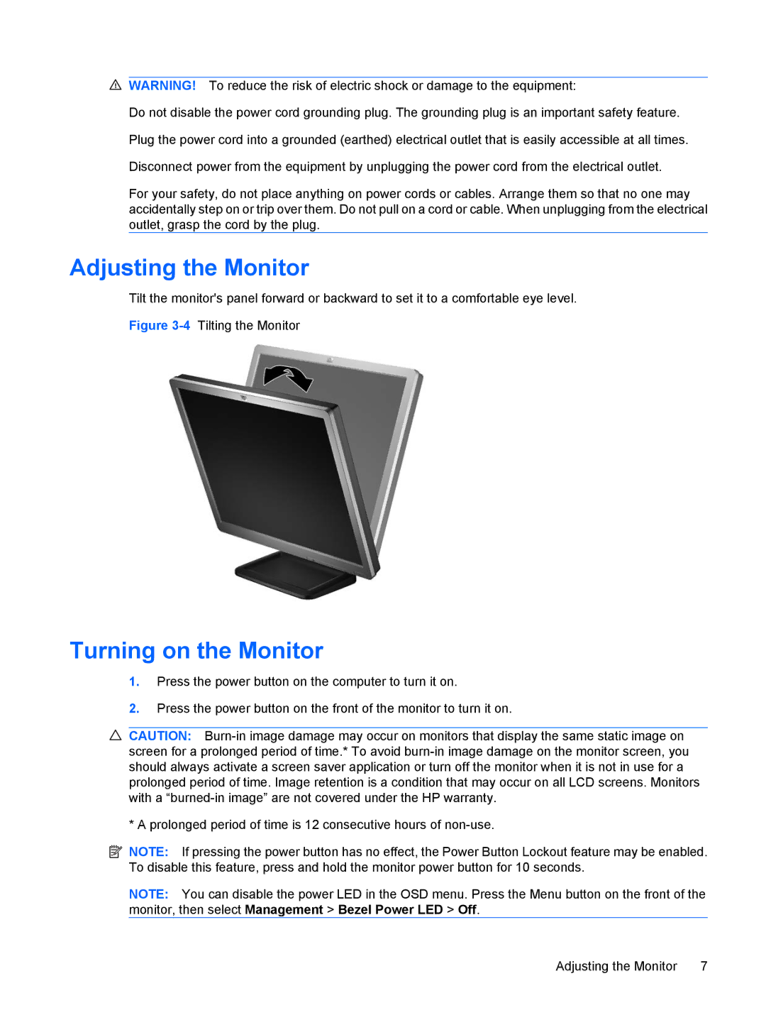 HP LE1911 19-inch manual Adjusting the Monitor, Turning on the Monitor 