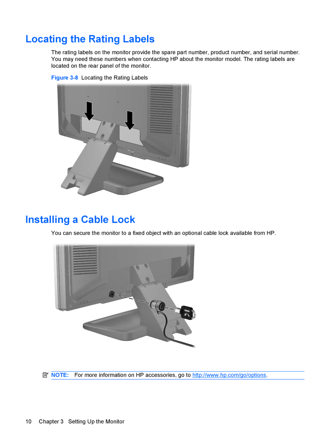 HP LE1911 19-inch manual Locating the Rating Labels, Installing a Cable Lock 