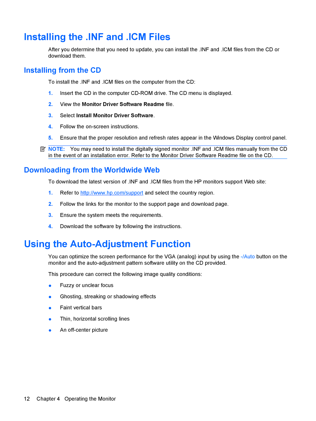 HP LE1911 19-inch manual Installing the .INF and .ICM Files, Using the Auto-Adjustment Function, Installing from the CD 