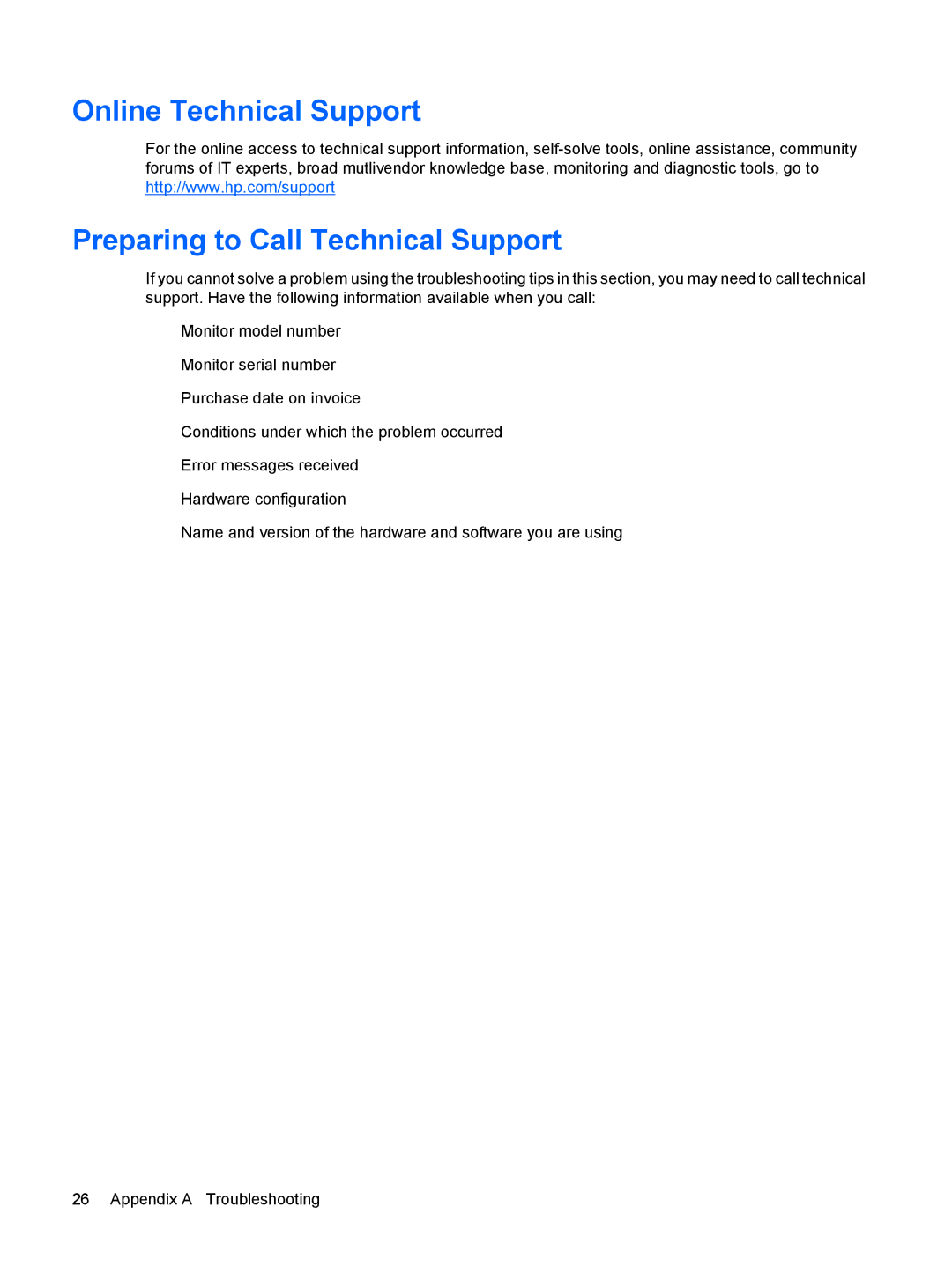 HP LE1911 19-inch manual Online Technical Support Preparing to Call Technical Support 