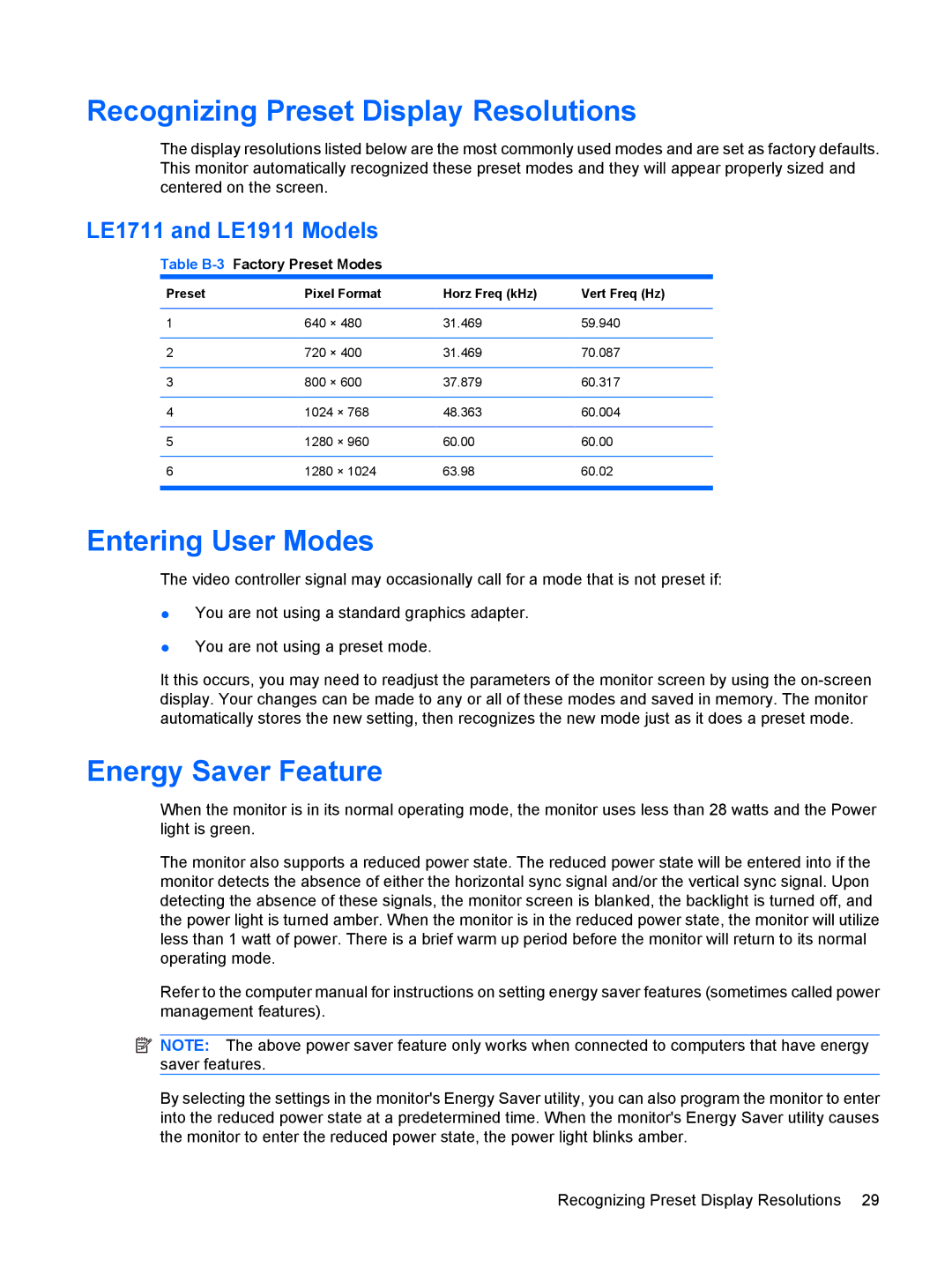 HP LE1911 19-inch manual Recognizing Preset Display Resolutions, Entering User Modes, Energy Saver Feature 