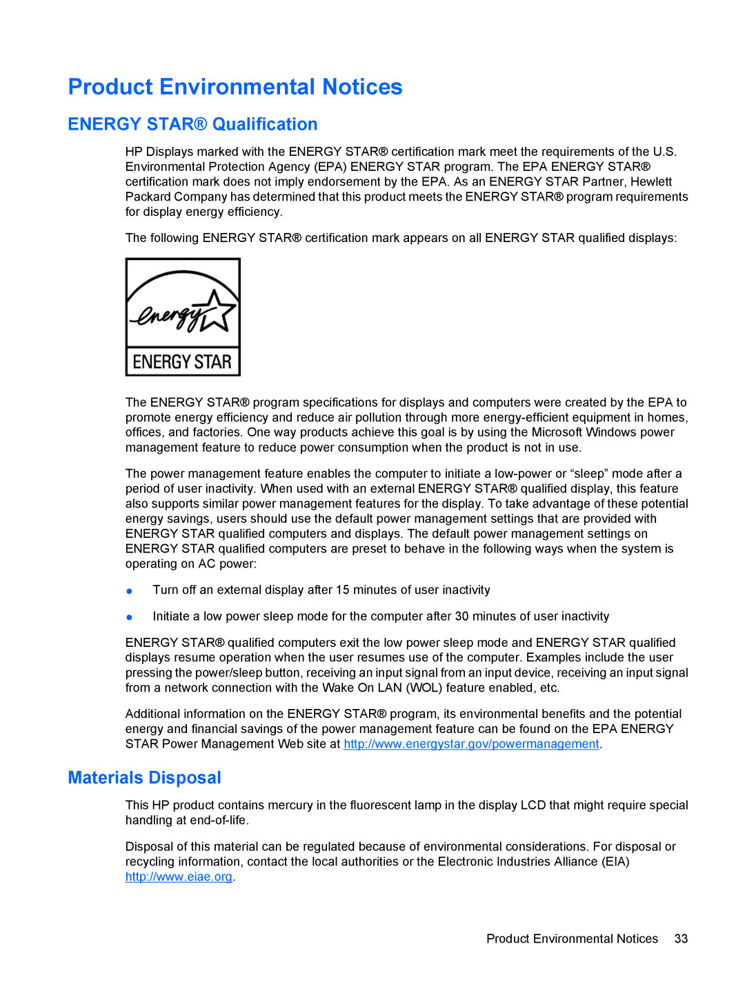 HP LE1911 19-inch manual Product Environmental Notices, Energy Star Qualification, Materials Disposal 