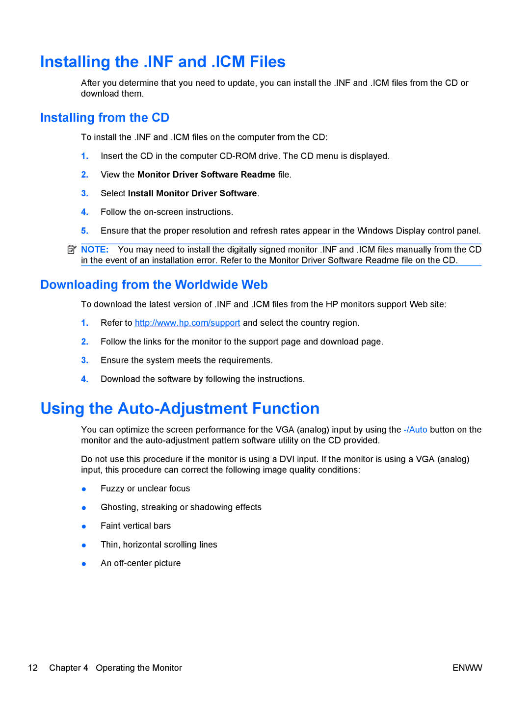 HP LE19F manual Installing the .INF and .ICM Files, Using the Auto-Adjustment Function, Installing from the CD 