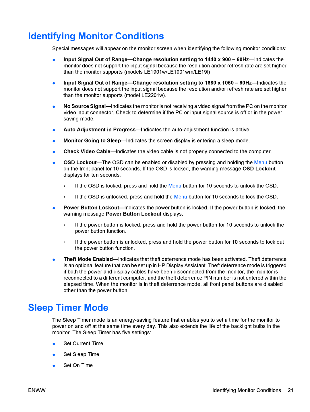 HP LE1901w NK570A8#ABA, LE19F manual Identifying Monitor Conditions, Sleep Timer Mode 