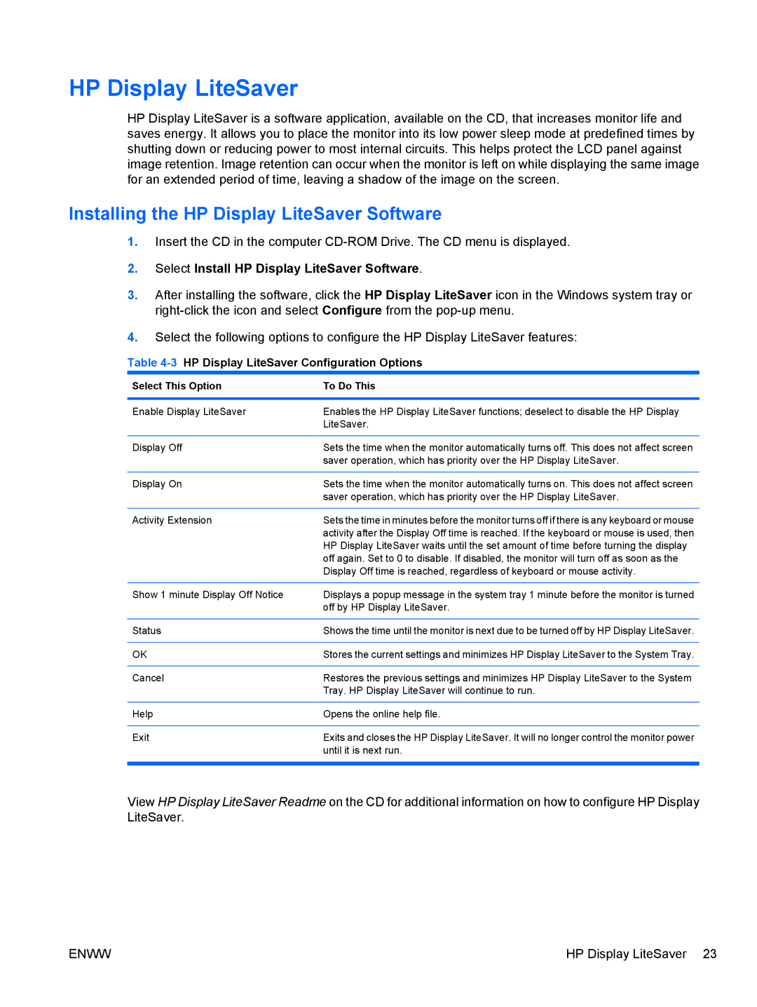 HP LE1901w NK570A8#ABA manual Installing the HP Display LiteSaver Software, 3HP Display LiteSaver Configuration Options 