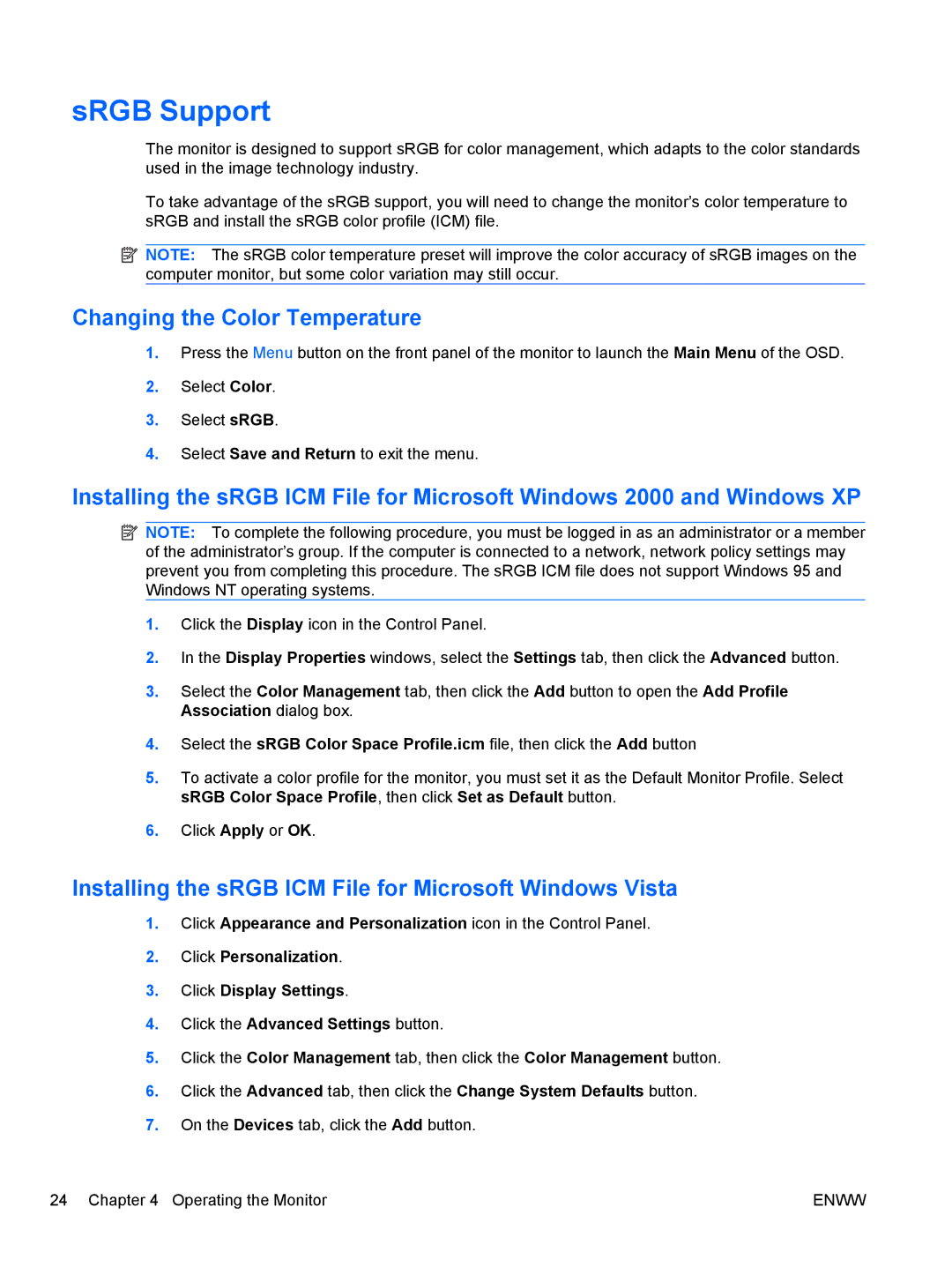 HP LE19F manual SRGB Support, Changing the Color Temperature, Installing the sRGB ICM File for Microsoft Windows Vista 