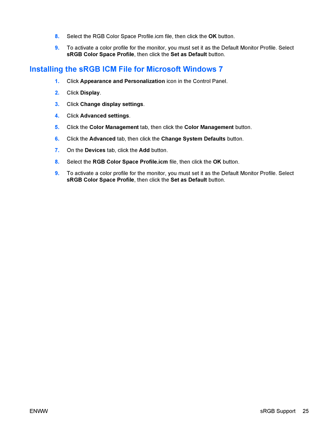 HP LE1901w NK570A8#ABA, LE19F manual Installing the sRGB ICM File for Microsoft Windows 