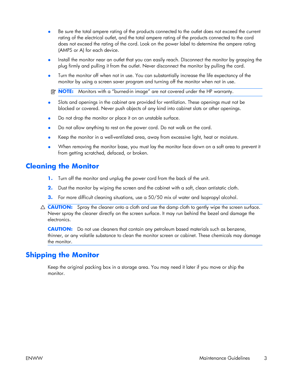 HP LE2001WL, LE1851WT, LE2001WM manual Cleaning the Monitor, Shipping the Monitor 