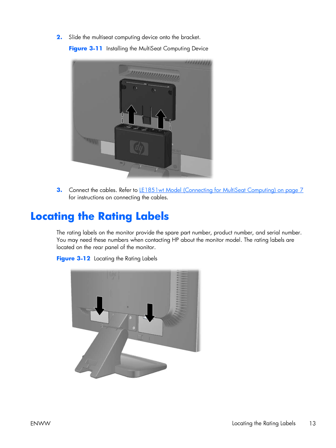 HP LE2001WL, LE1851WT, LE2001WM manual 12Locating the Rating Labels 