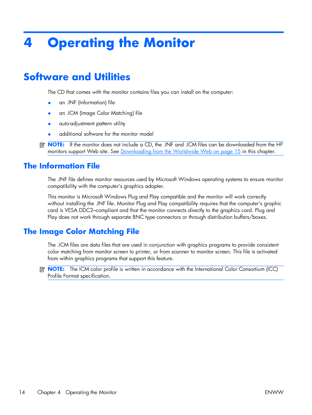 HP LE1851WT, LE2001WL, LE2001WM Operating the Monitor, Software and Utilities, Information File, Image Color Matching File 