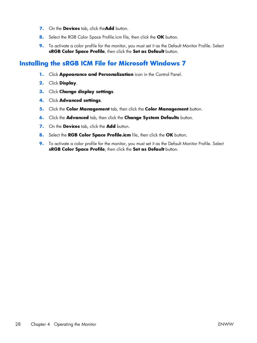 HP LE2001W manual Installing the sRGB ICM File for Microsoft Windows, Click Change display settings Click Advanced settings 