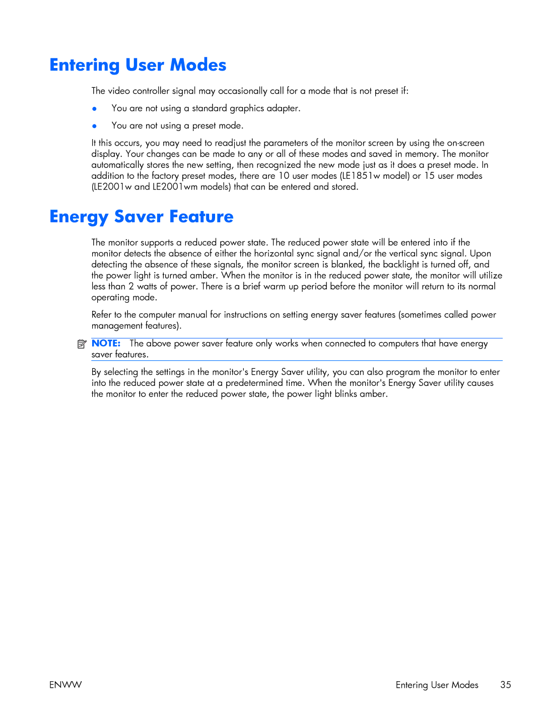 HP LE2001WL, LE1851WT, LE2001WM manual Entering User Modes, Energy Saver Feature 