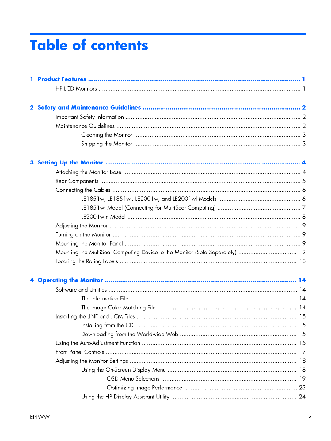 HP LE2001WL, LE1851WT, LE2001WM manual Table of contents 