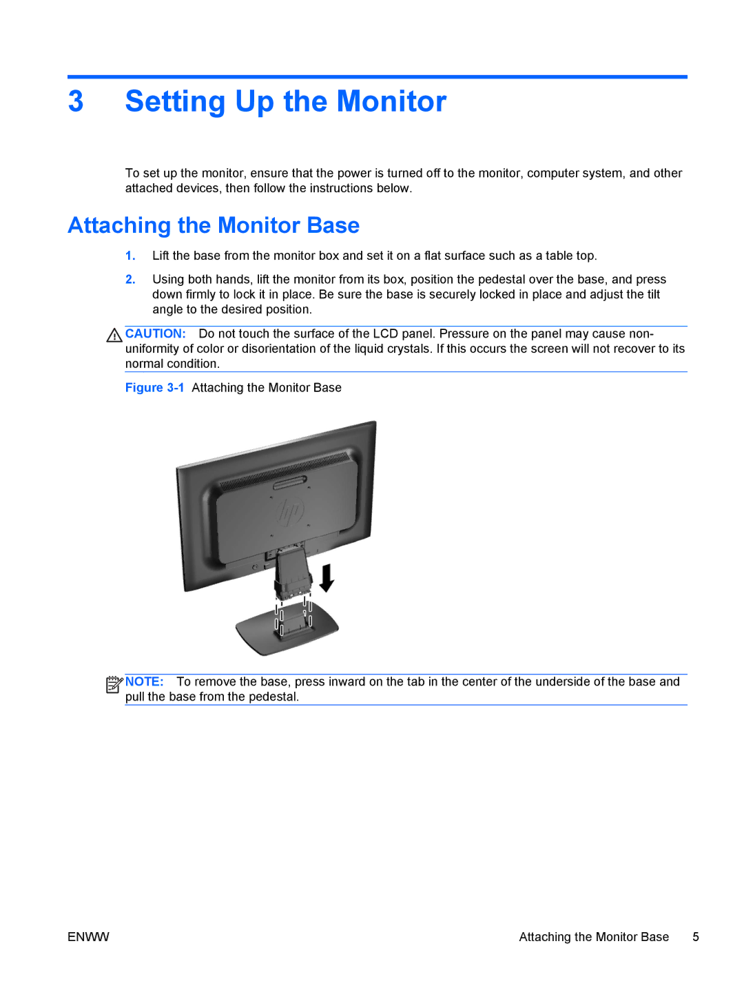 HP LE2002x 20-inch manual Setting Up the Monitor, Attaching the Monitor Base 