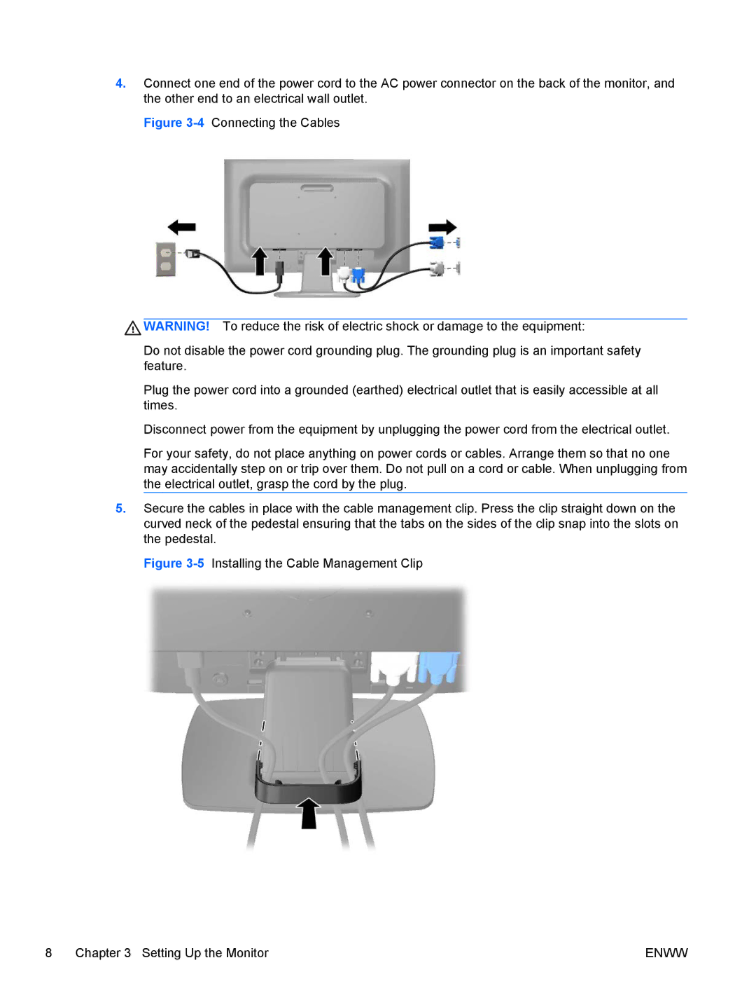 HP LE2002x 20-inch manual 5Installing the Cable Management Clip Setting Up the Monitor 