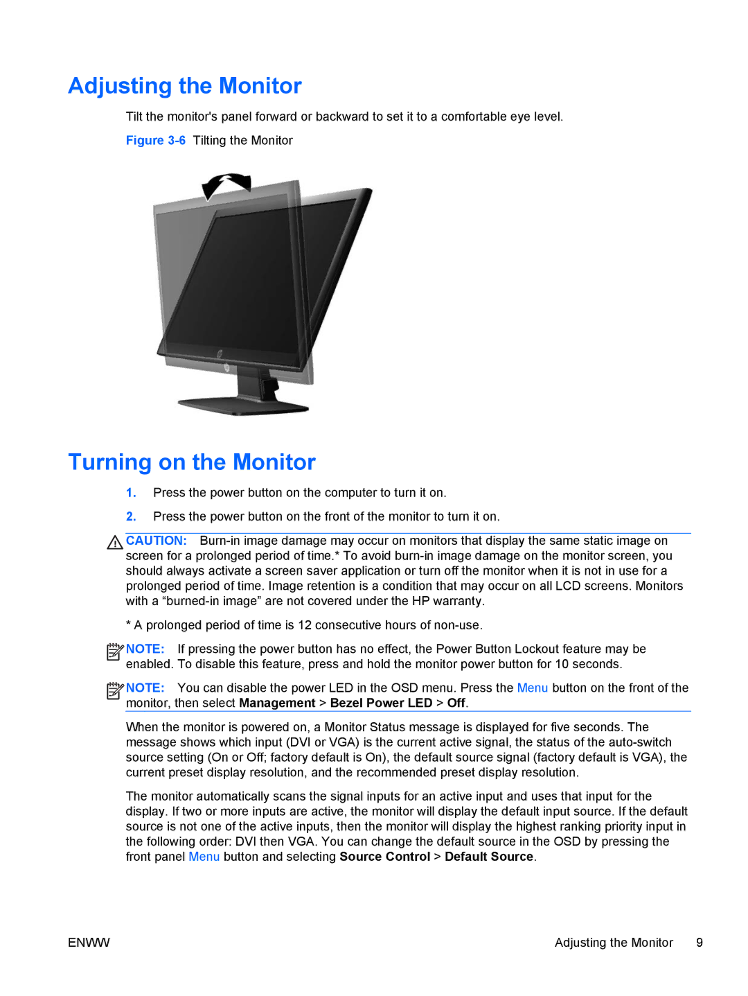 HP LE2002x 20-inch manual Adjusting the Monitor, Turning on the Monitor 