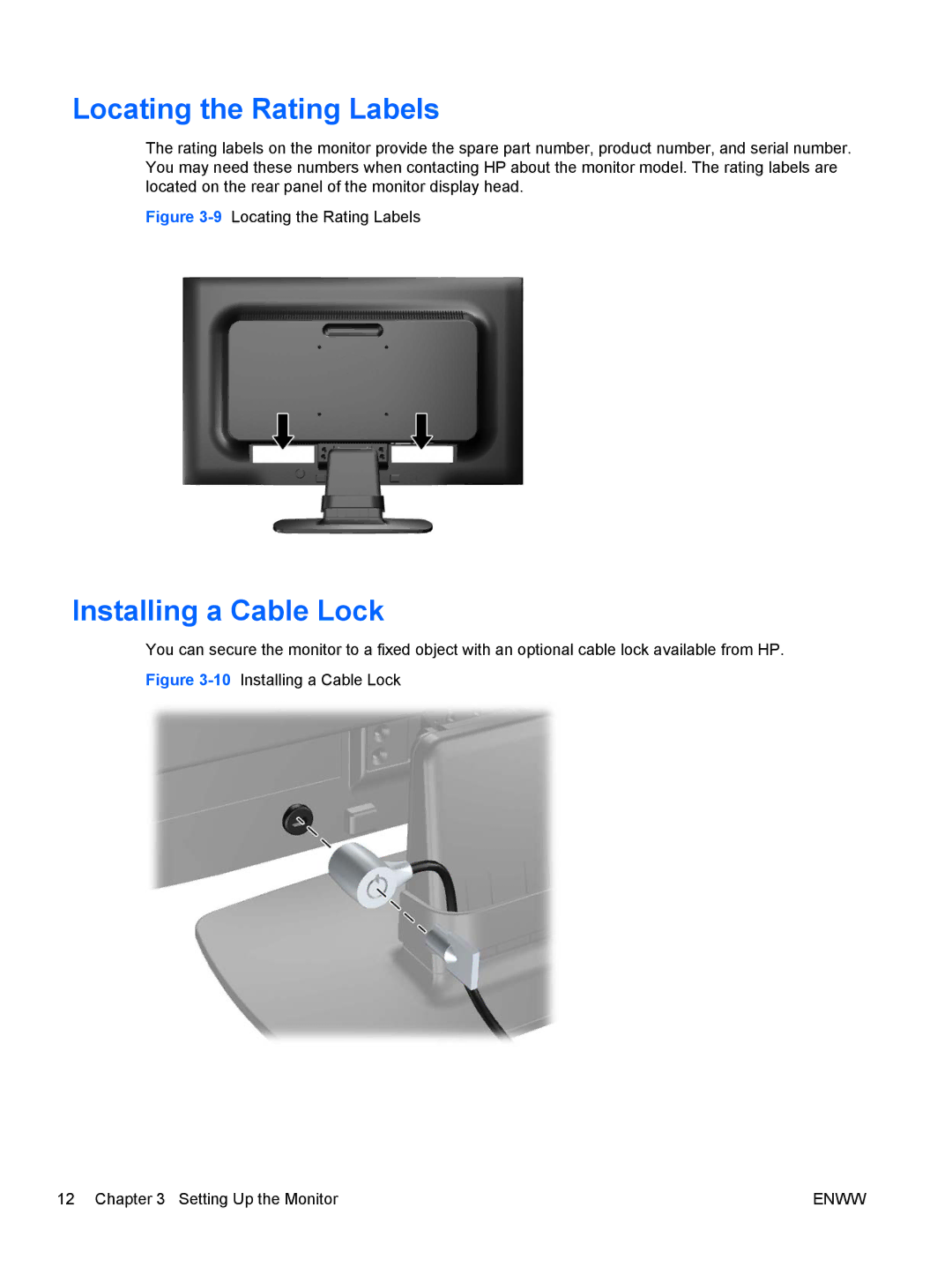 HP LE2002x 20-inch manual Locating the Rating Labels, Installing a Cable Lock 