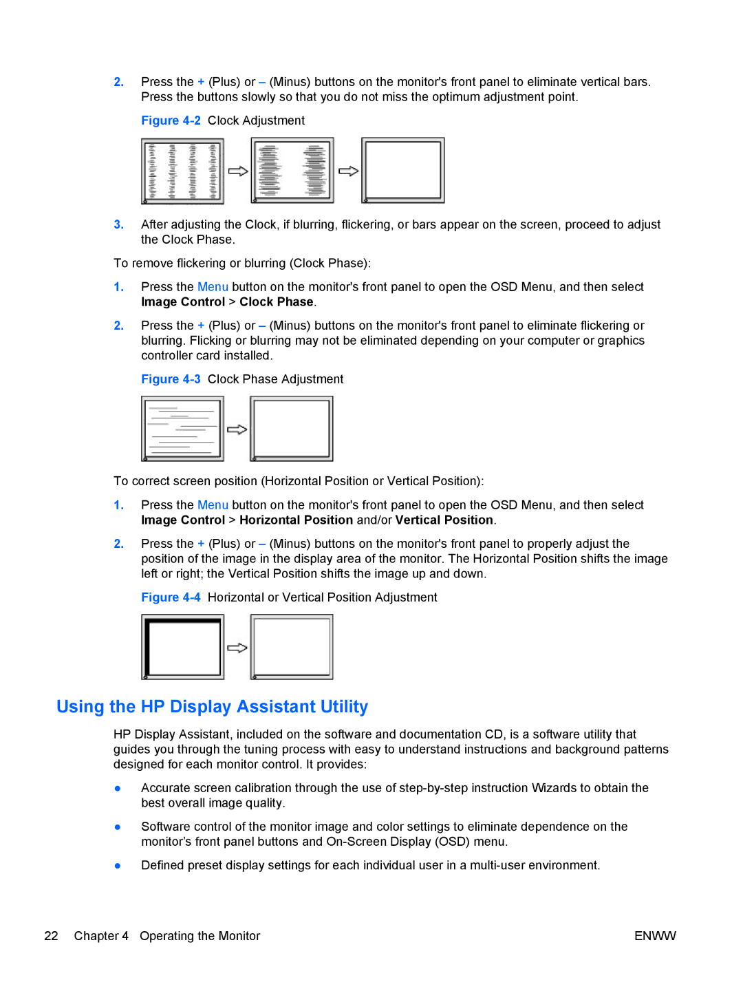 HP LE2002x 20-inch manual Using the HP Display Assistant Utility, 4Horizontal or Vertical Position Adjustment 