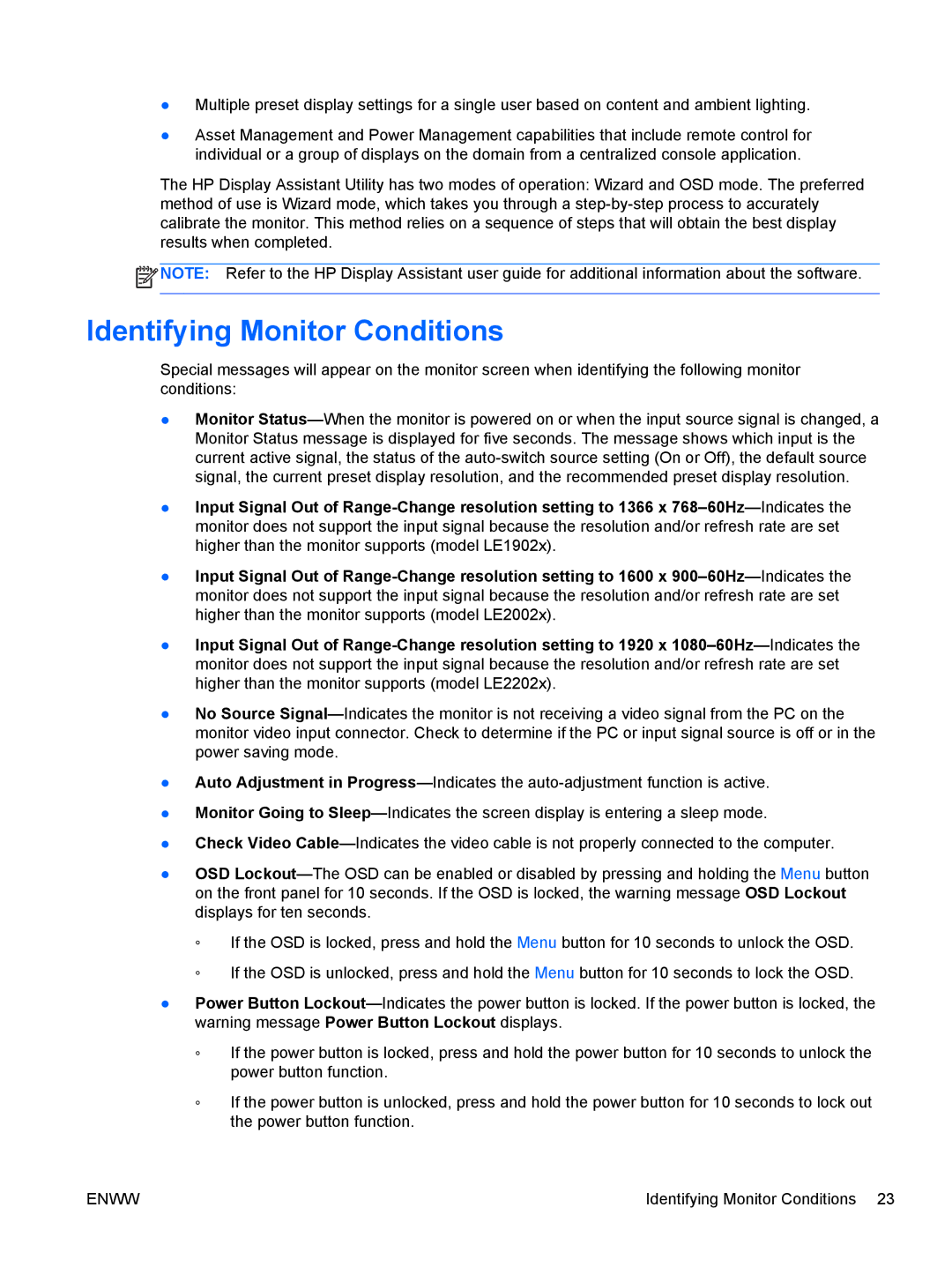 HP LE2002x 20-inch manual Identifying Monitor Conditions 