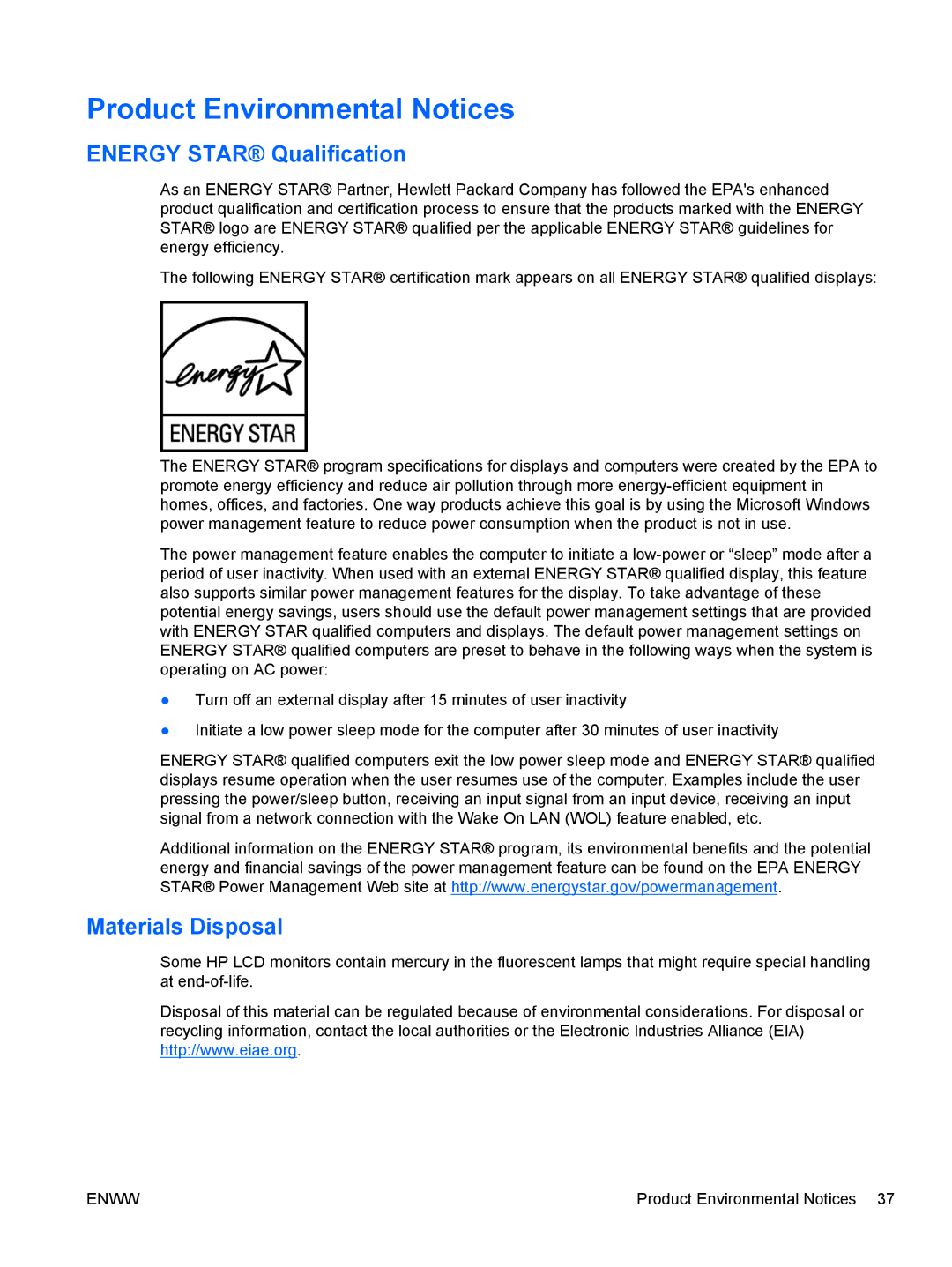 HP LE2002x 20-inch manual Product Environmental Notices, Energy Star Qualification, Materials Disposal 