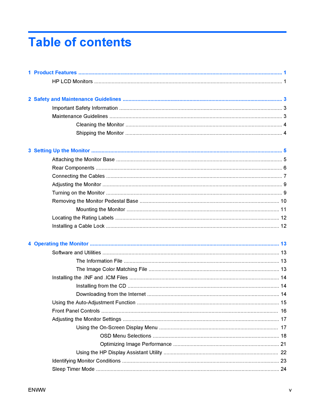 HP LE2002x 20-inch manual Table of contents 