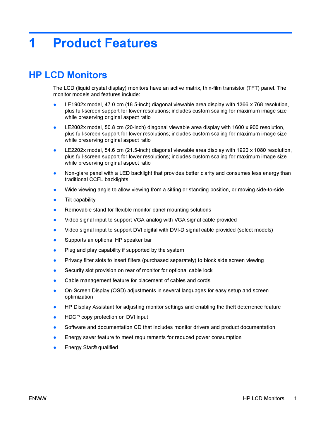 HP LE2002x 20-inch manual Product Features, HP LCD Monitors 