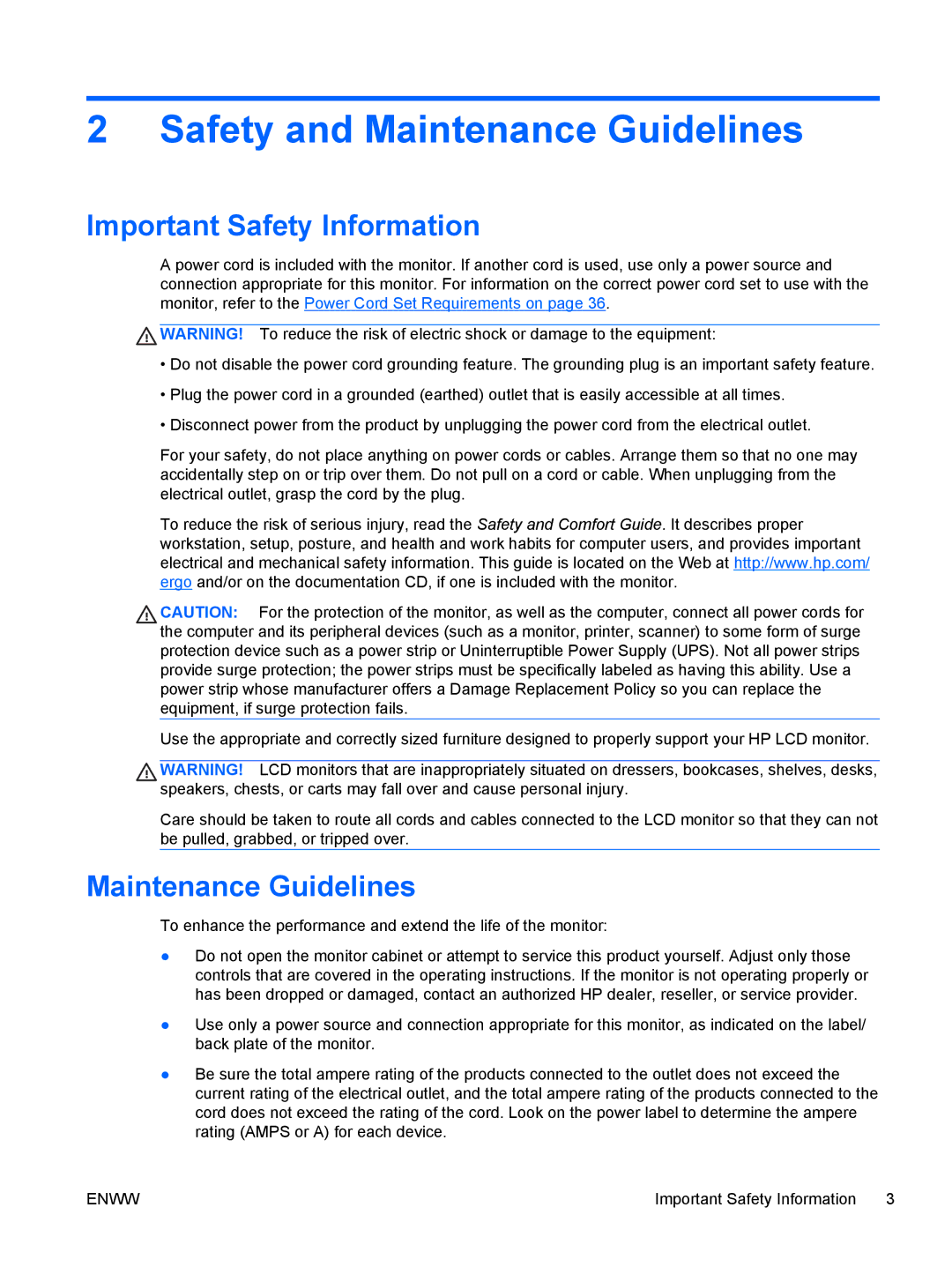 HP LE2002x 20-inch manual Safety and Maintenance Guidelines, Important Safety Information 