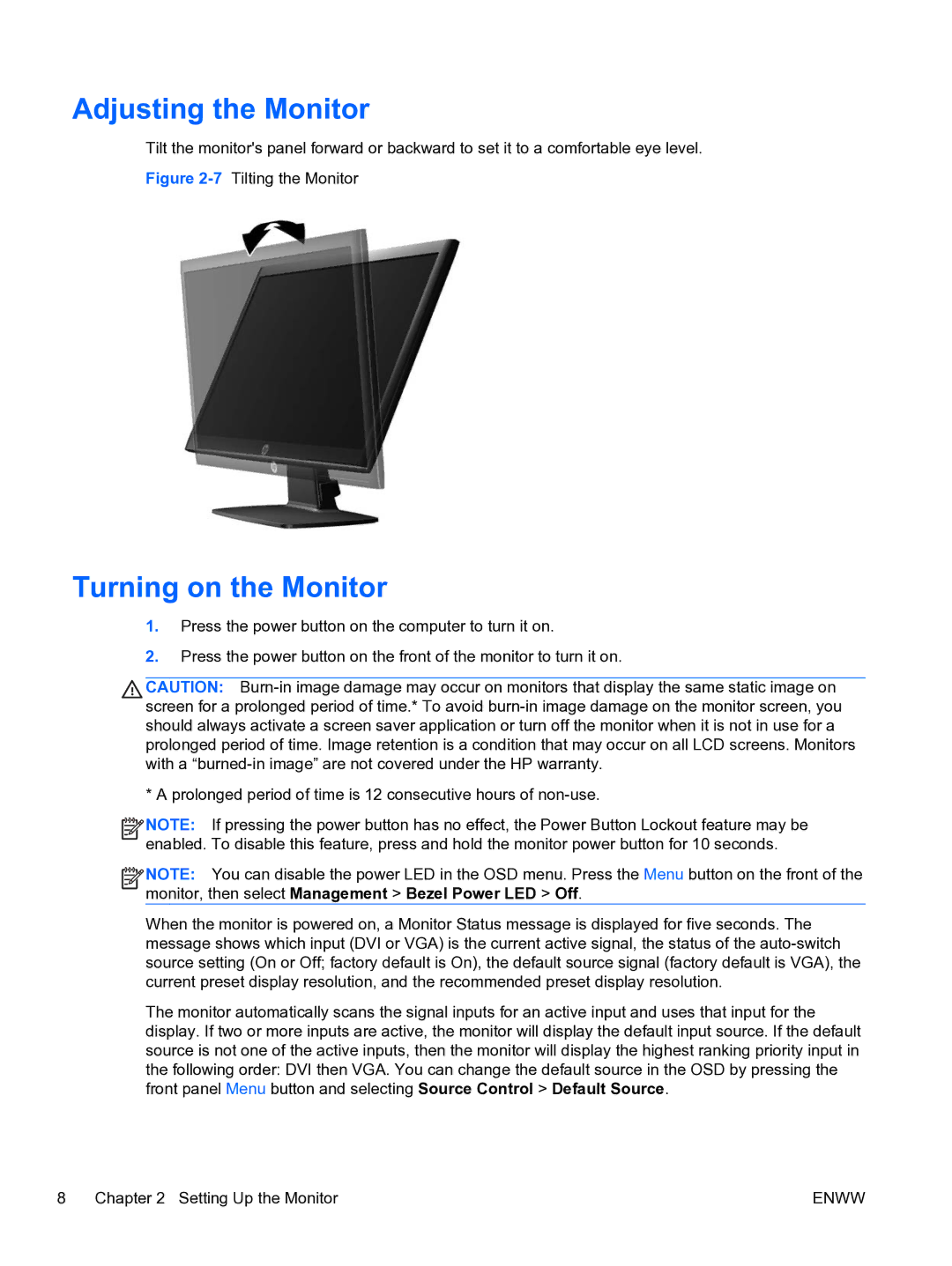 HP LE2002xm 20-inch manual Adjusting the Monitor, Turning on the Monitor 