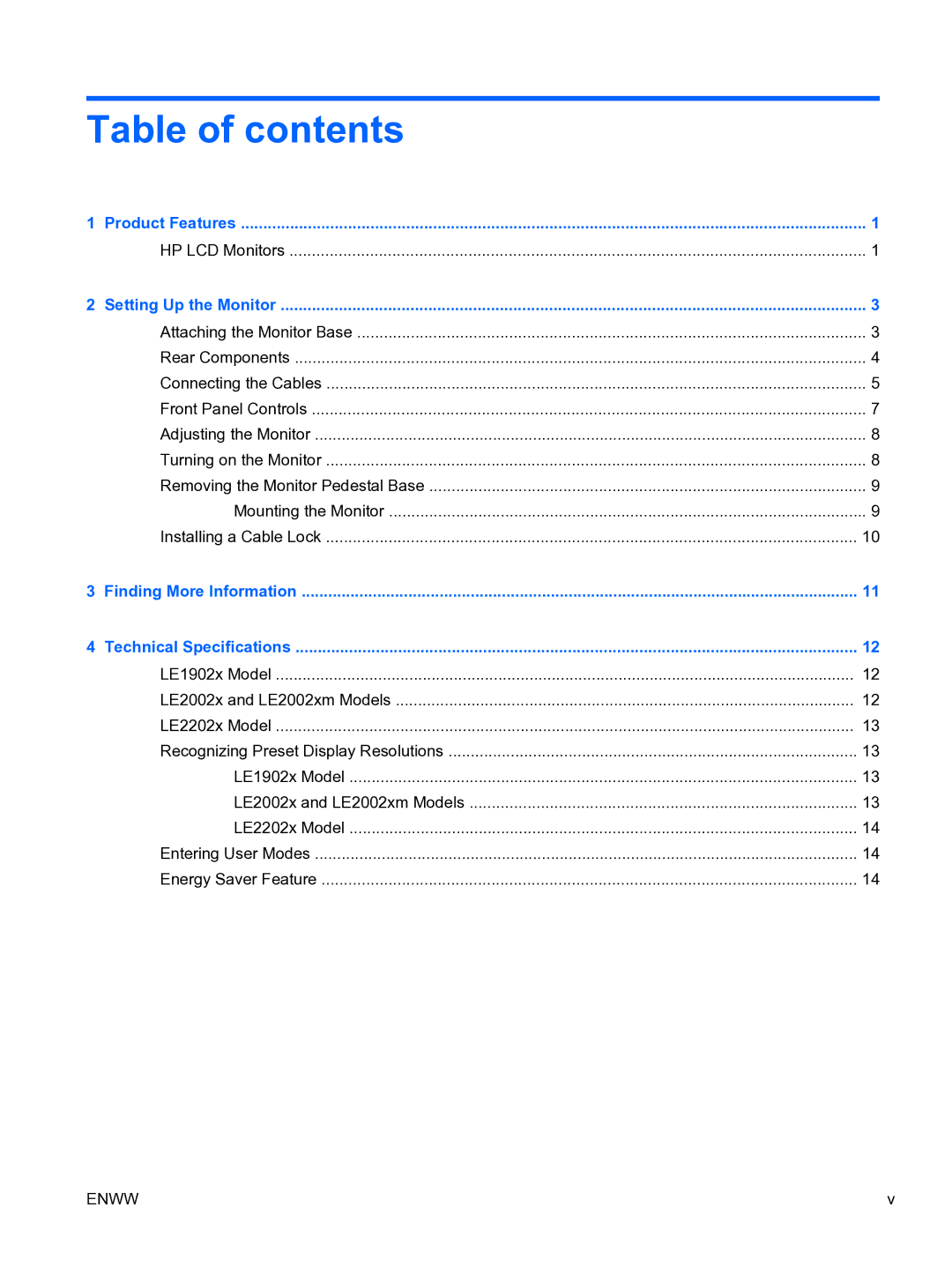 HP LE2002xm 20-inch manual Table of contents 