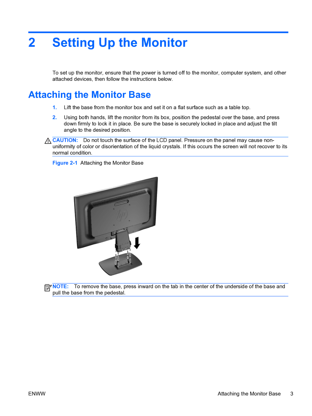 HP LE2002xm 20-inch manual Setting Up the Monitor, Attaching the Monitor Base 