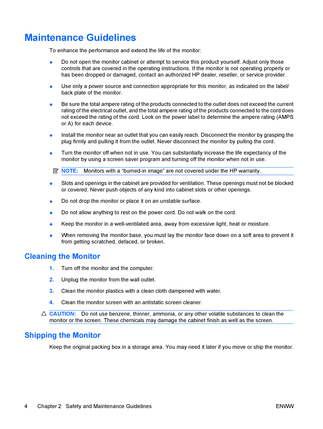 HP LE2201w, LE1901wm manual Maintenance Guidelines, Cleaning the Monitor, Shipping the Monitor 