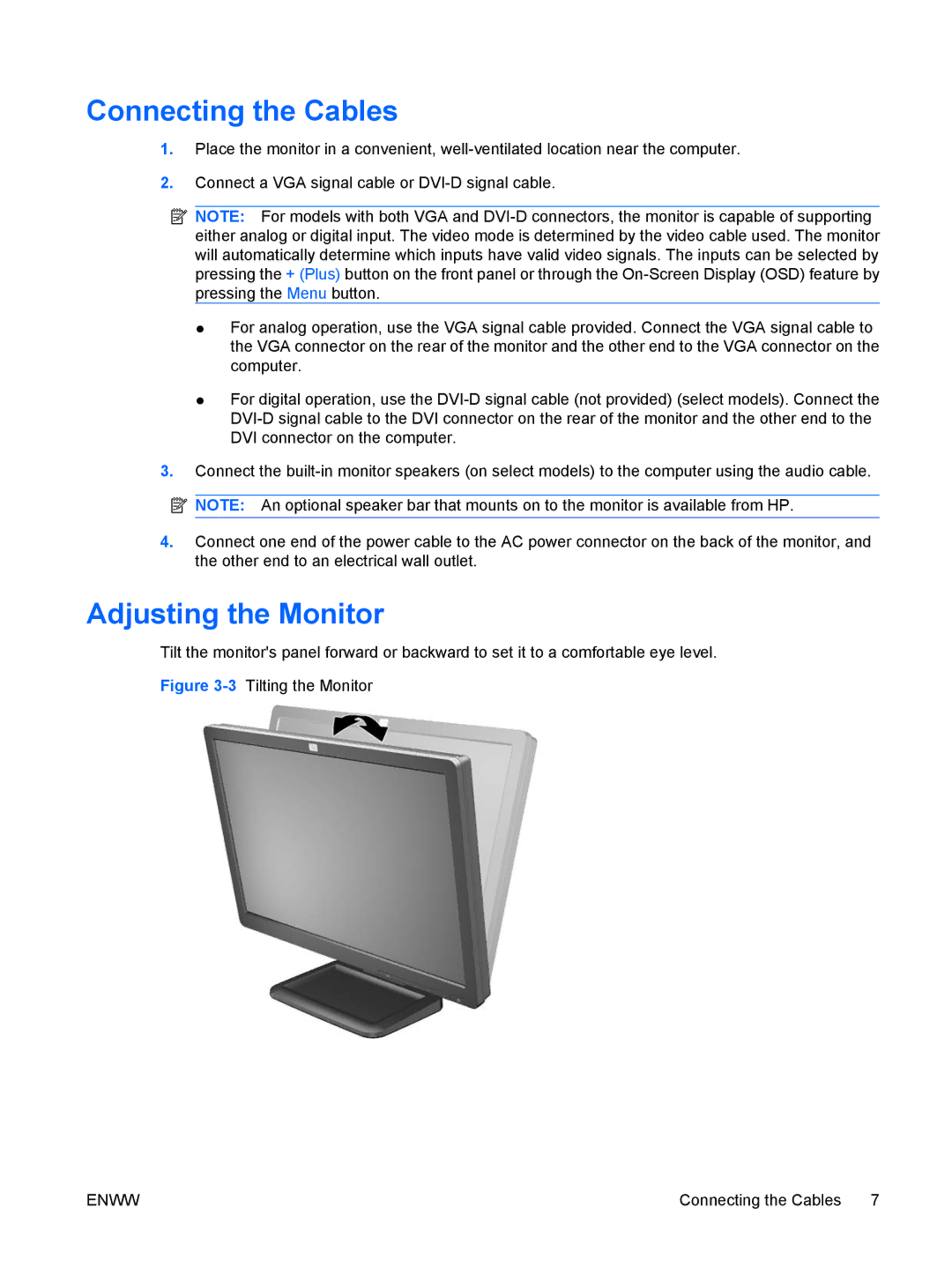 HP LE2201w, LE1901wm manual Connecting the Cables, Adjusting the Monitor 