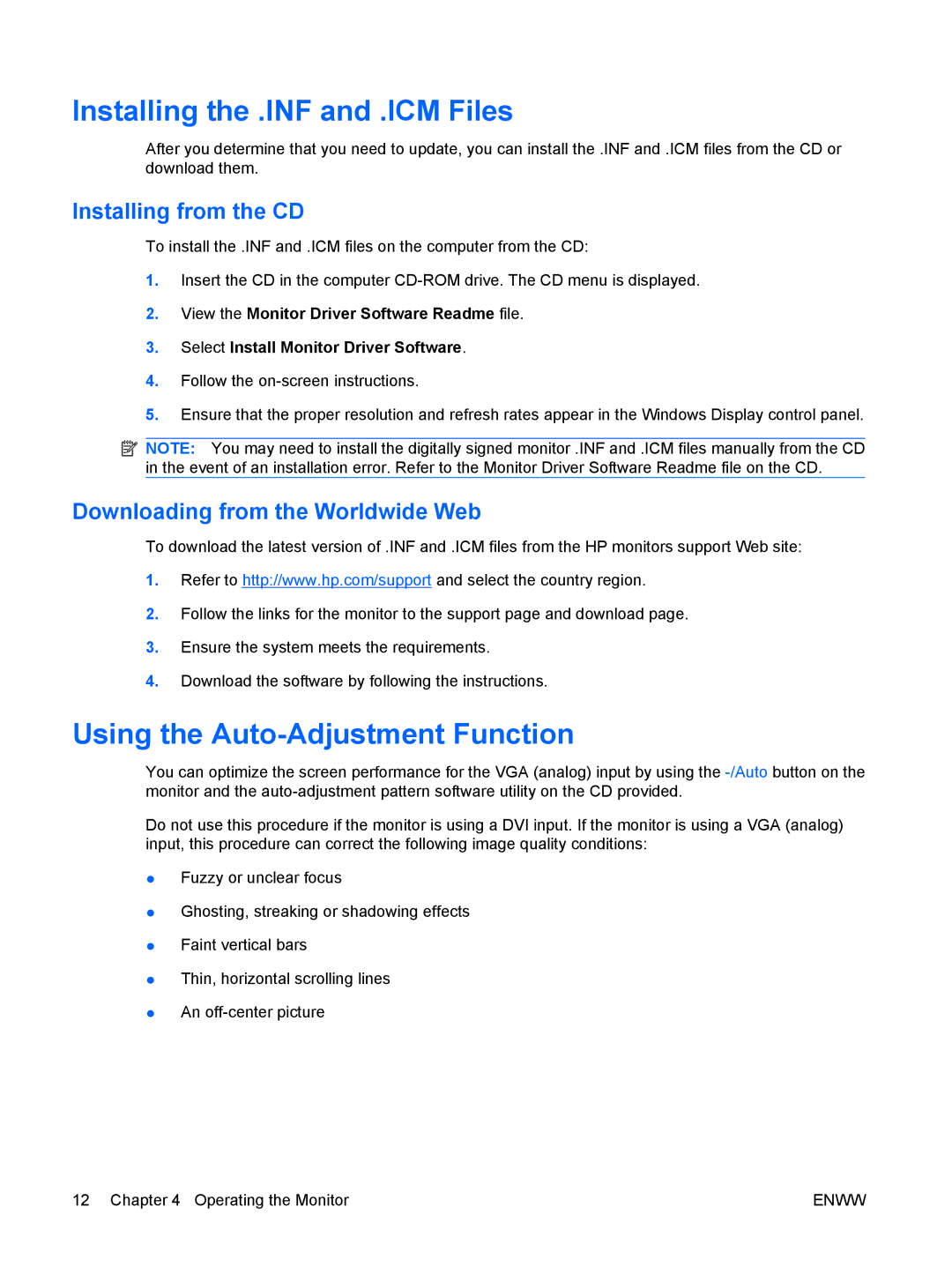 HP LE2201w, LE1901w manual Installing the .INF and .ICM Files, Using the Auto-Adjustment Function, Installing from the CD 