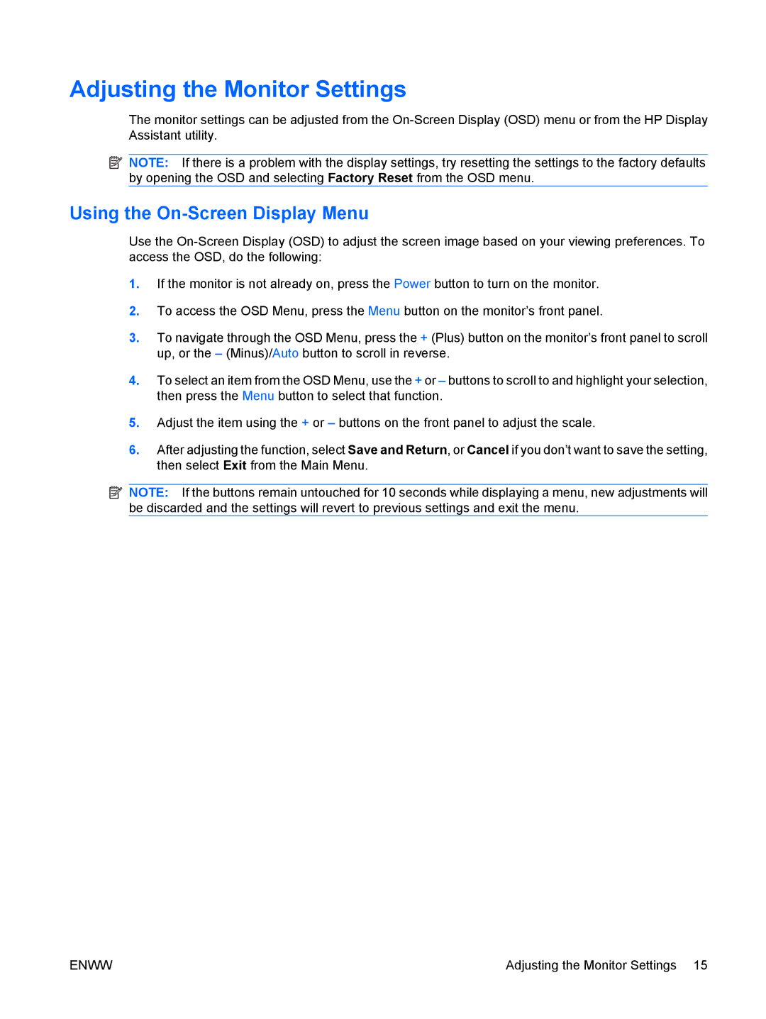 HP LE2201w, LE1901wm manual Adjusting the Monitor Settings, Using the On-Screen Display Menu 