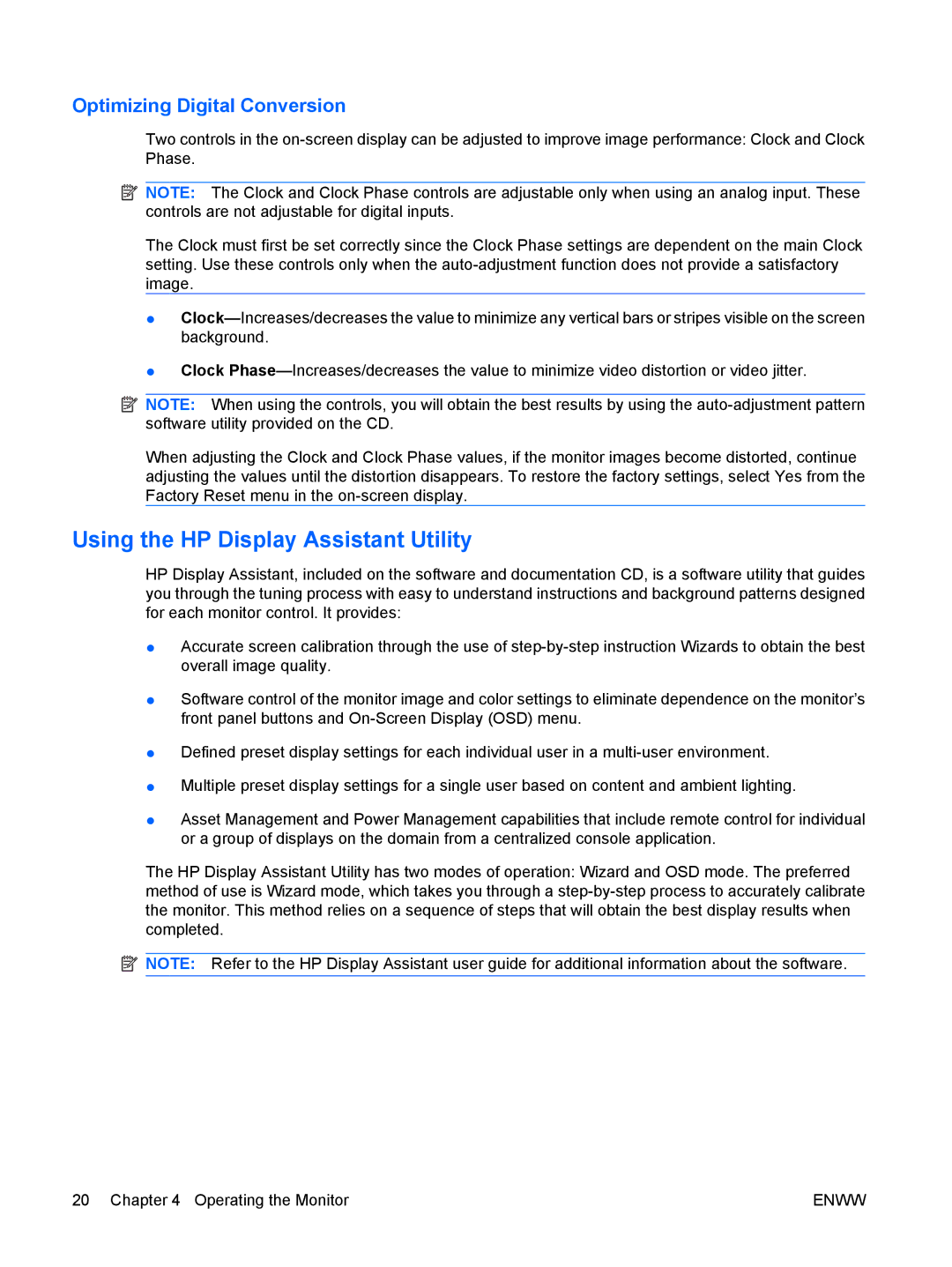 HP LE1901wm, LE2201w manual Using the HP Display Assistant Utility, Optimizing Digital Conversion 