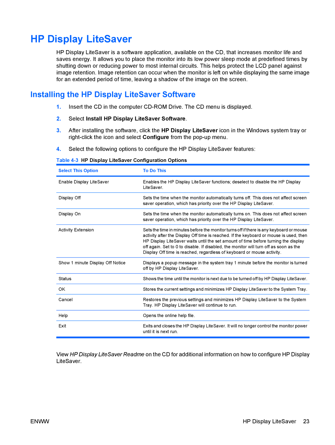HP LE1901wm, LE2201w manual Installing the HP Display LiteSaver Software, 3HP Display LiteSaver Configuration Options 