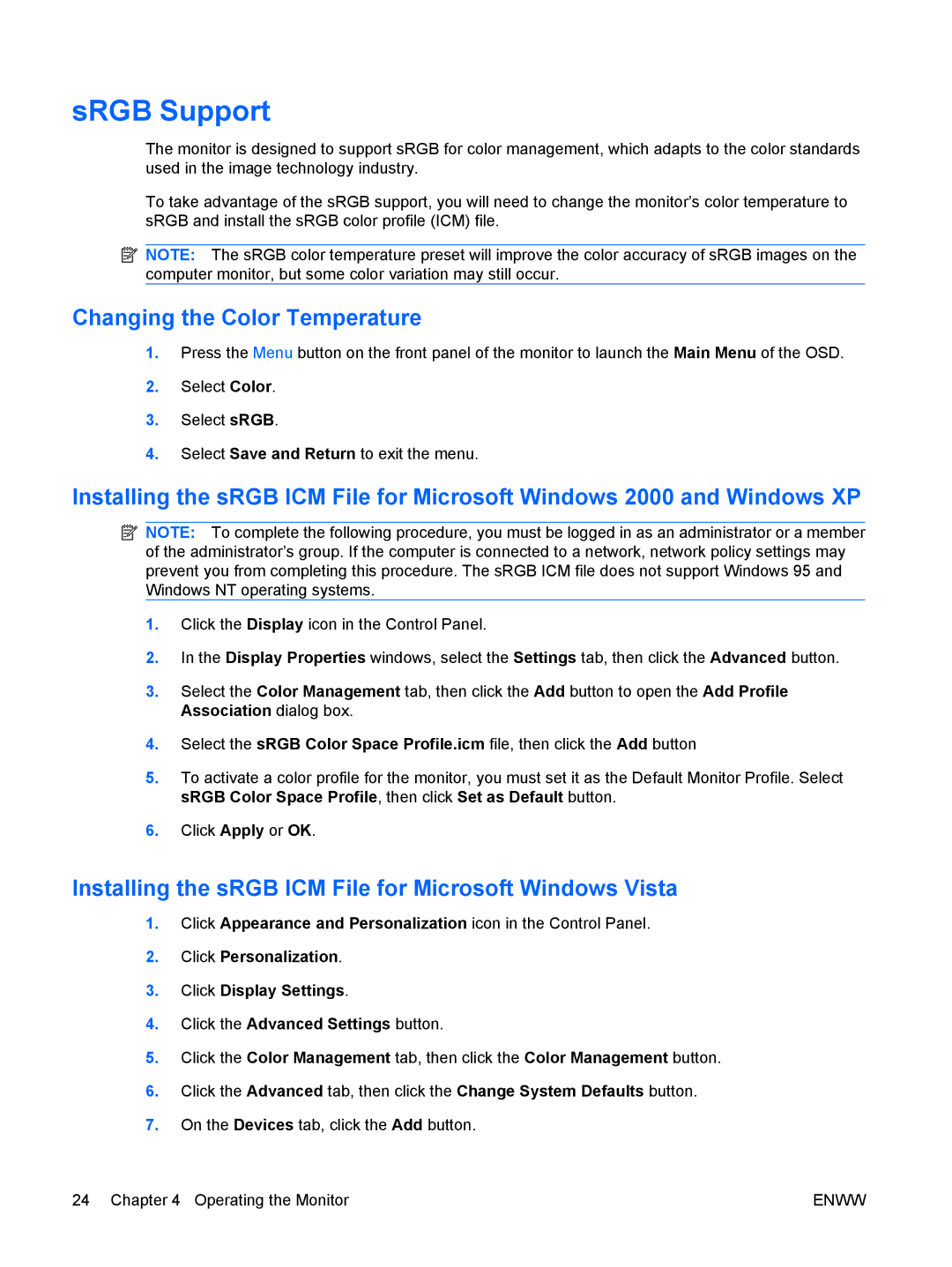 HP LE2201w, LE1901w SRGB Support, Changing the Color Temperature, Installing the sRGB ICM File for Microsoft Windows Vista 