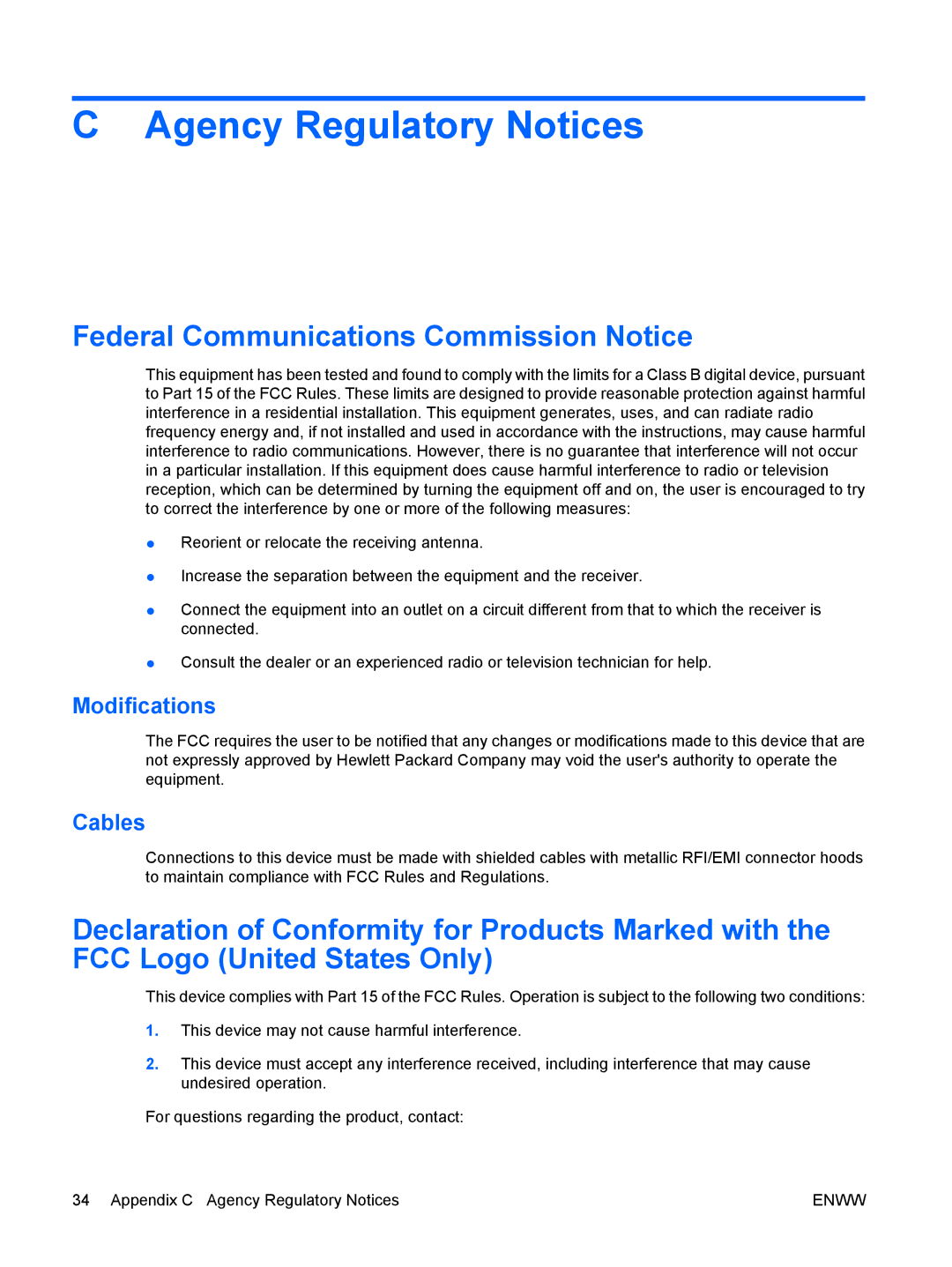 HP LE2201w, LE1901wm manual Agency Regulatory Notices, Federal Communications Commission Notice, Modifications, Cables 