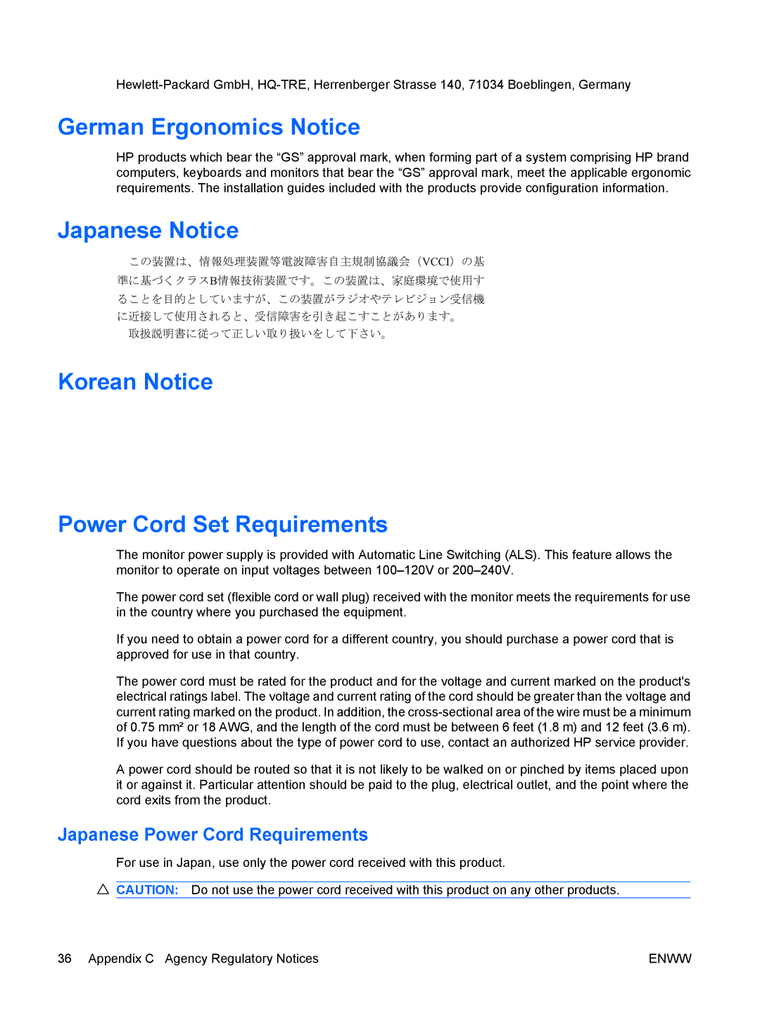 HP LE2201w, LE1901wm manual German Ergonomics Notice, Japanese Notice Korean Notice Power Cord Set Requirements 