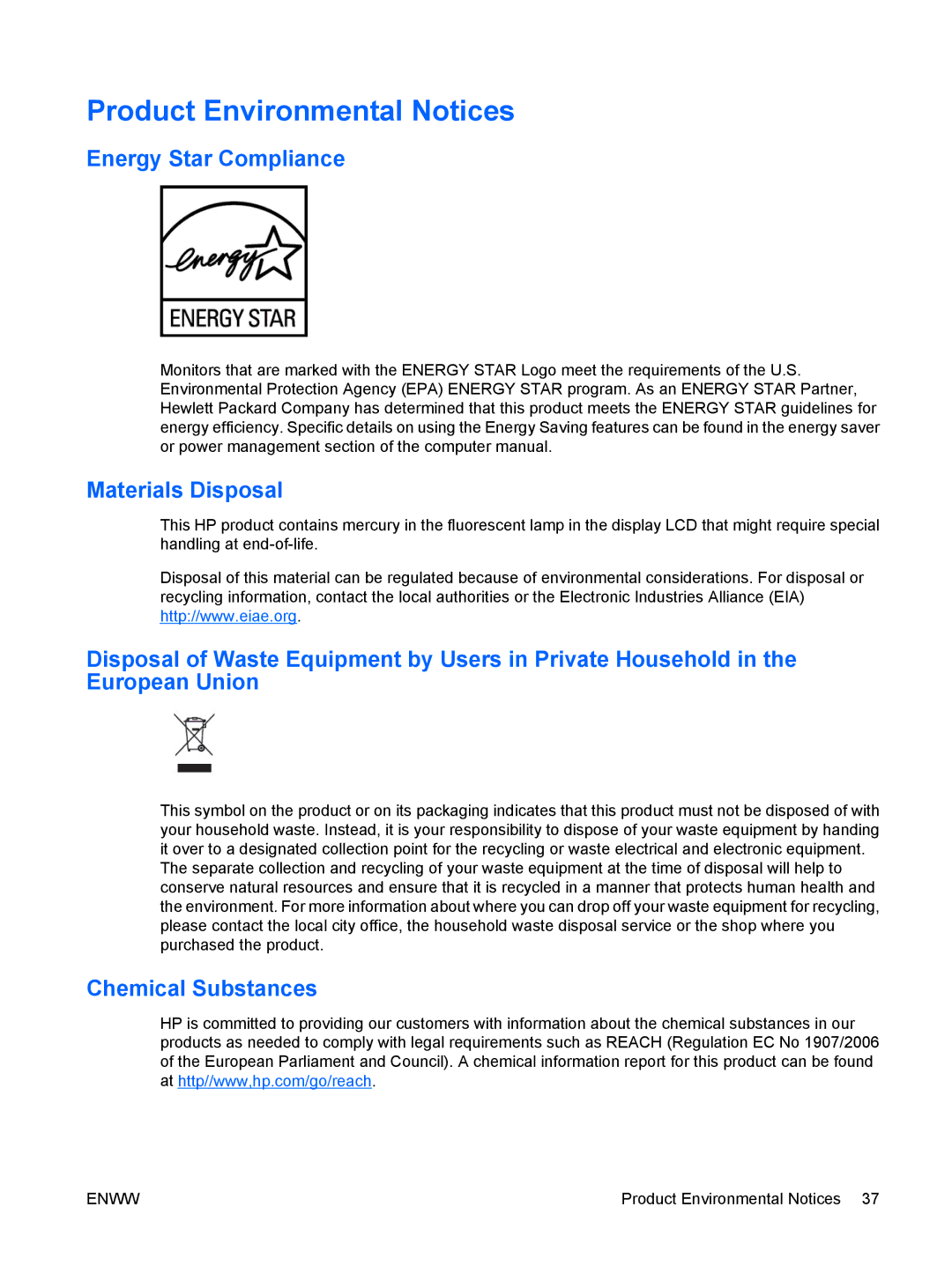 HP LE1901w, LE2201w manual Product Environmental Notices, Energy Star Compliance, Materials Disposal, Chemical Substances 