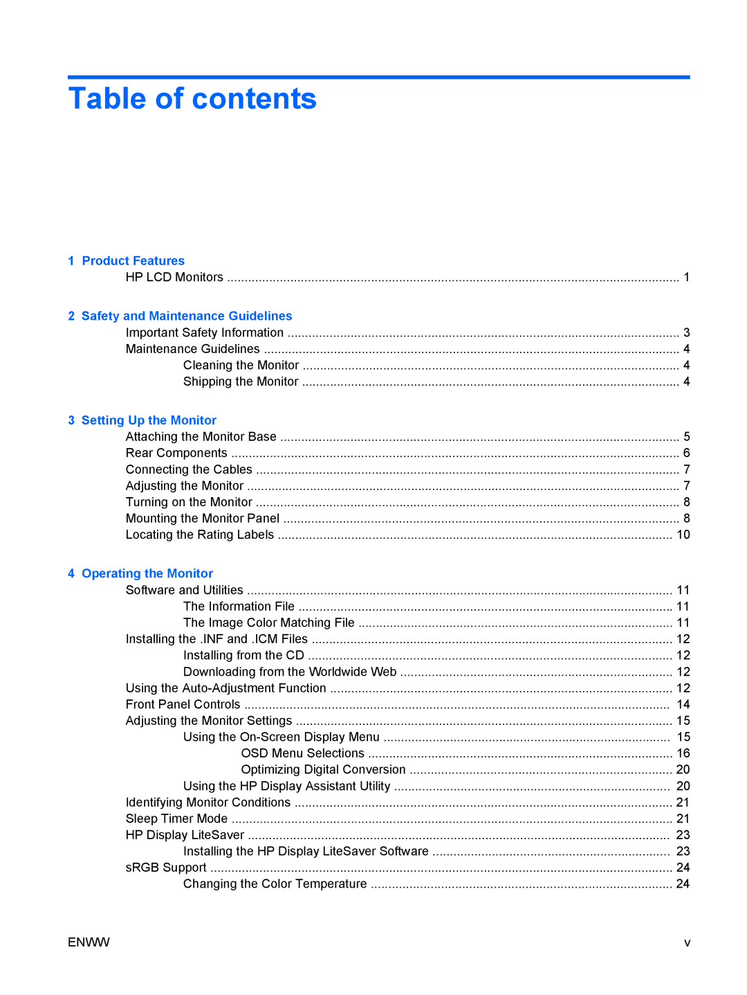 HP LE1901wm, LE2201w manual Table of contents 