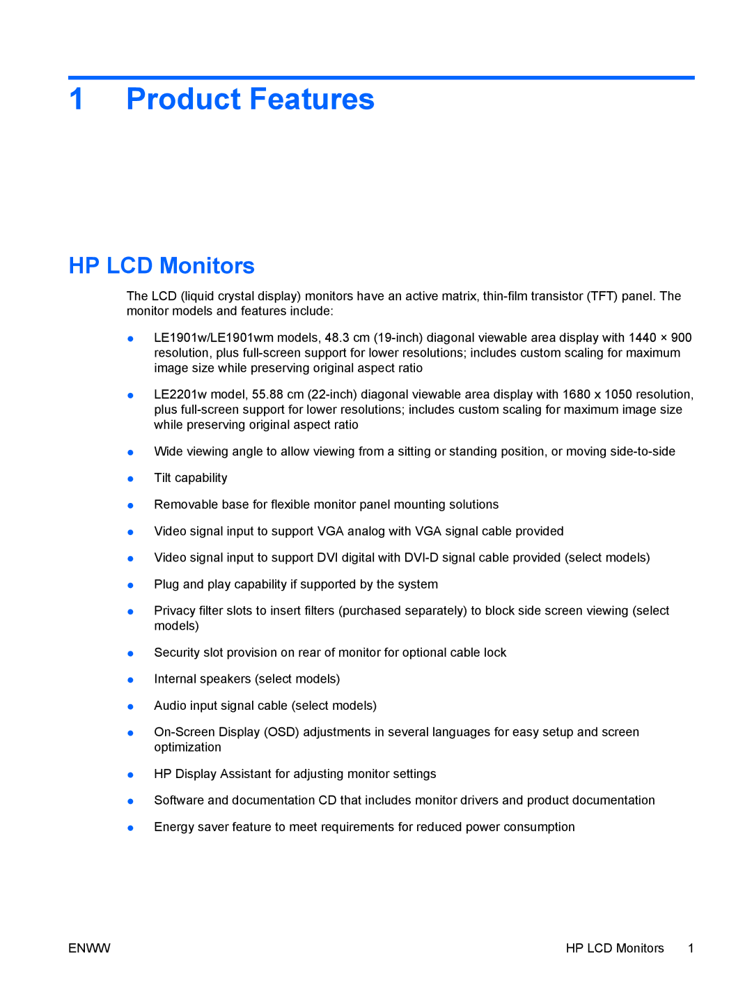 HP LE2201w, LE1901wm manual Product Features, HP LCD Monitors 