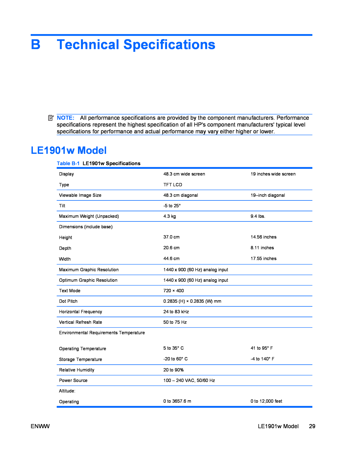 HP LE1901wm, LE2201w manual B Technical Specifications, LE1901w Model, Table B-1 LE1901w Specifications 