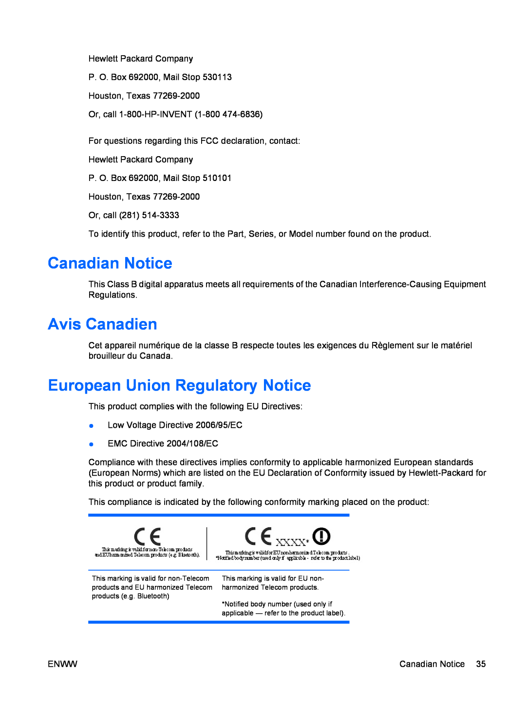 HP LE1901wm, LE2201w manual Canadian Notice, Avis Canadien, European Union Regulatory Notice 