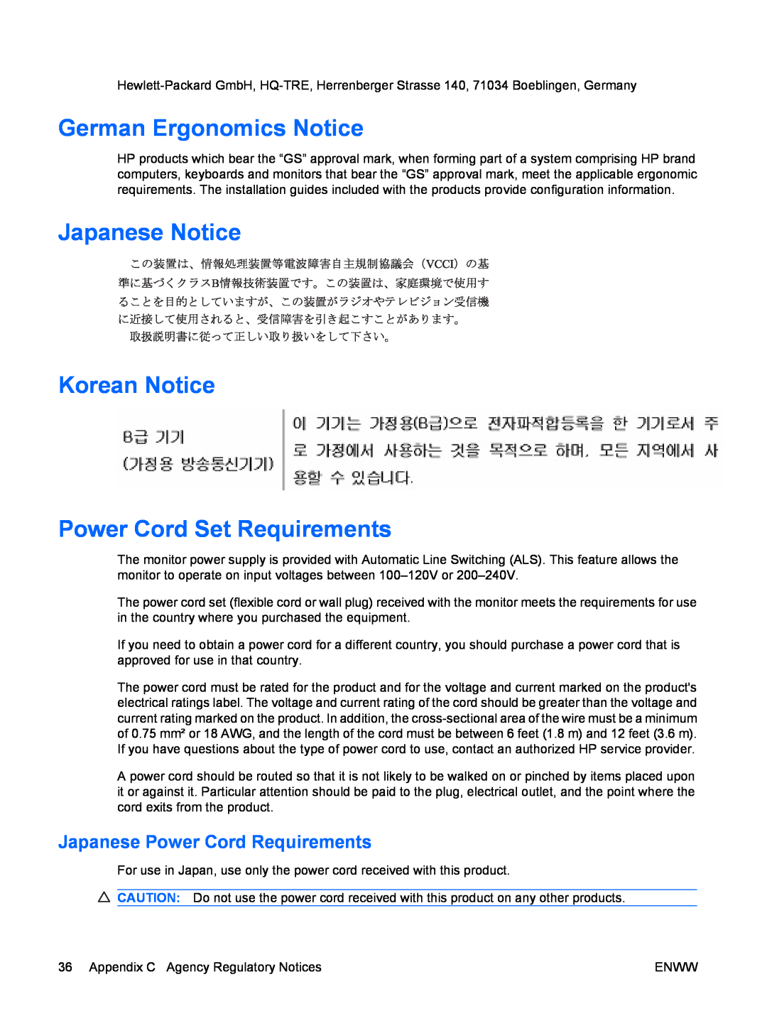 HP LE2201w, LE1901wm manual German Ergonomics Notice, Japanese Notice Korean Notice Power Cord Set Requirements 