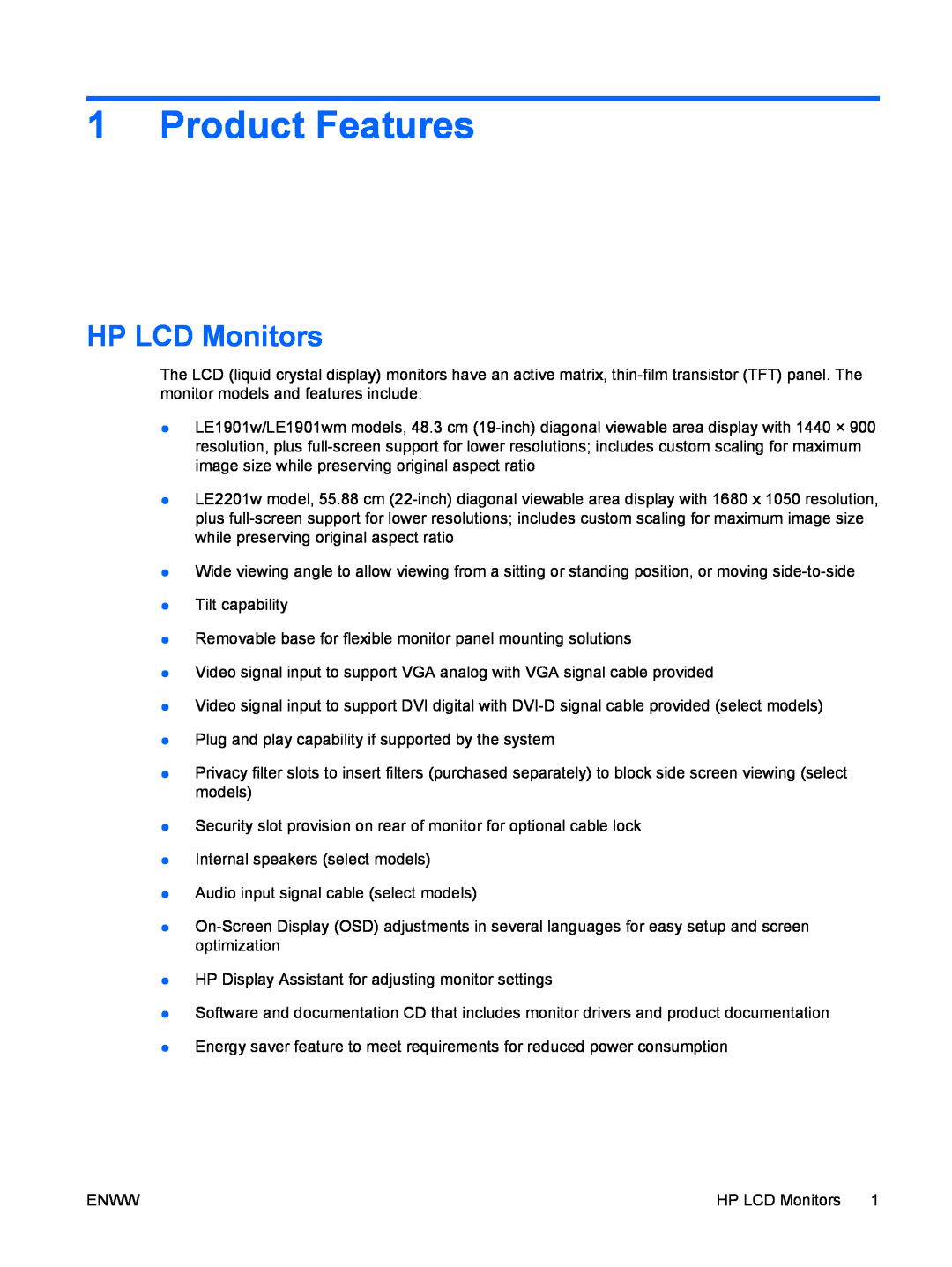 HP LE2201w, LE1901wm manual Product Features, HP LCD Monitors 