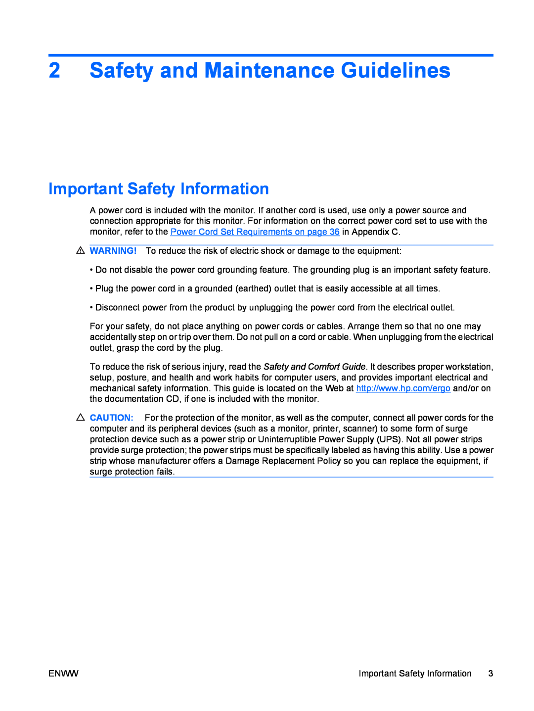 HP LE2201w, LE1901wm manual Safety and Maintenance Guidelines, Important Safety Information 